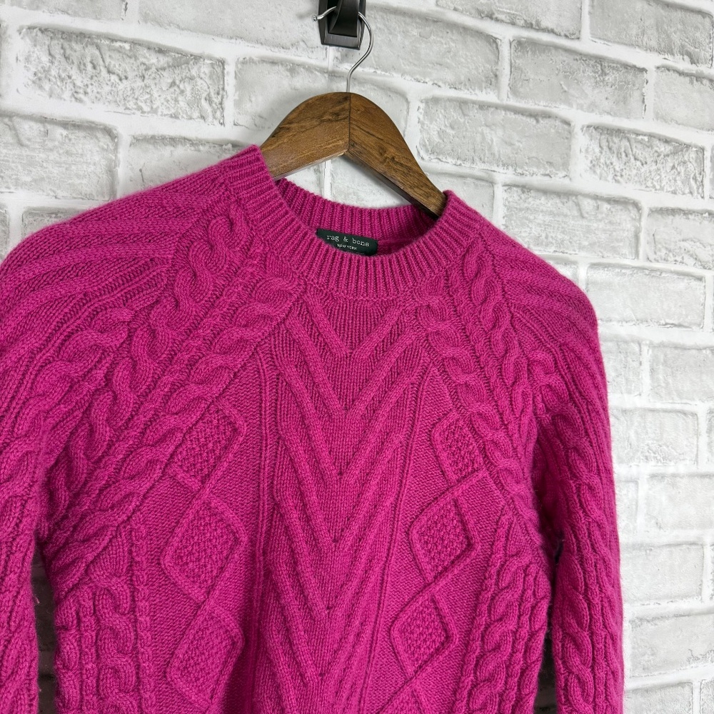 rag & bone New York Fuchsia Pink Cable Knit 100% Cashmere Crew Neck Sweater 2XS - Picture 2 of 7